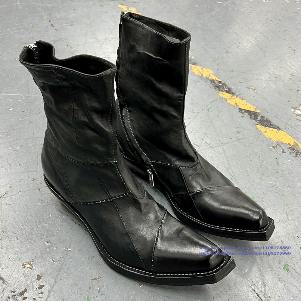 Men'S Shoes Zipper - Black Leather Men's Boots Pointy Toe